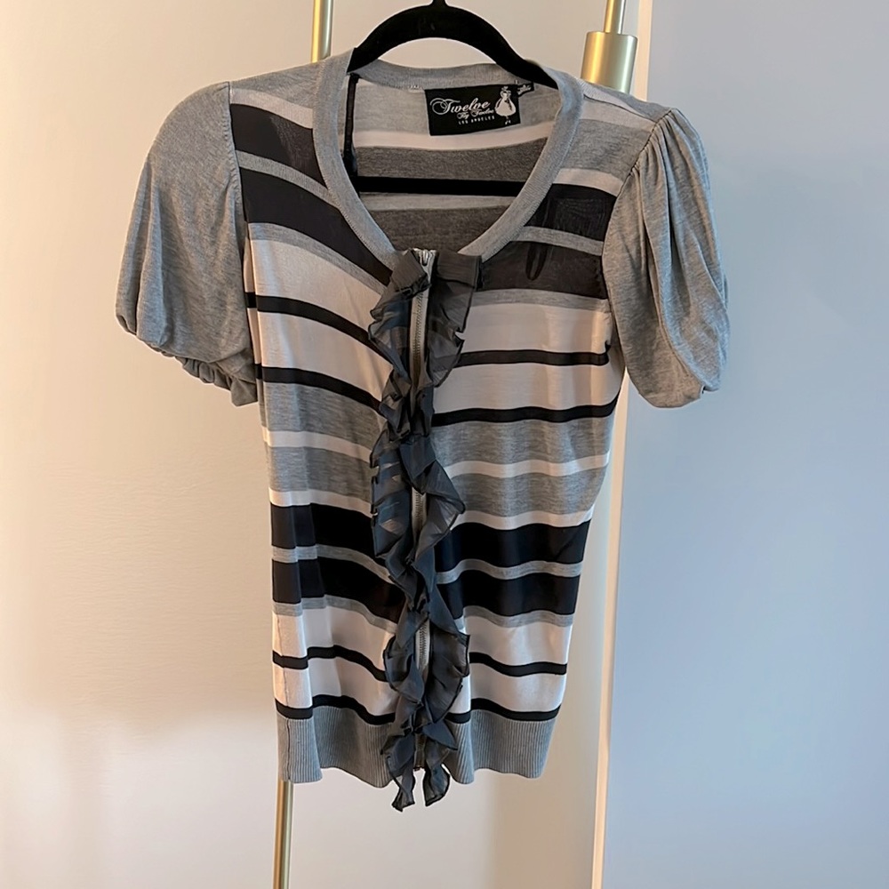 Form fitting short sleeve sweater can be dressed up for the office